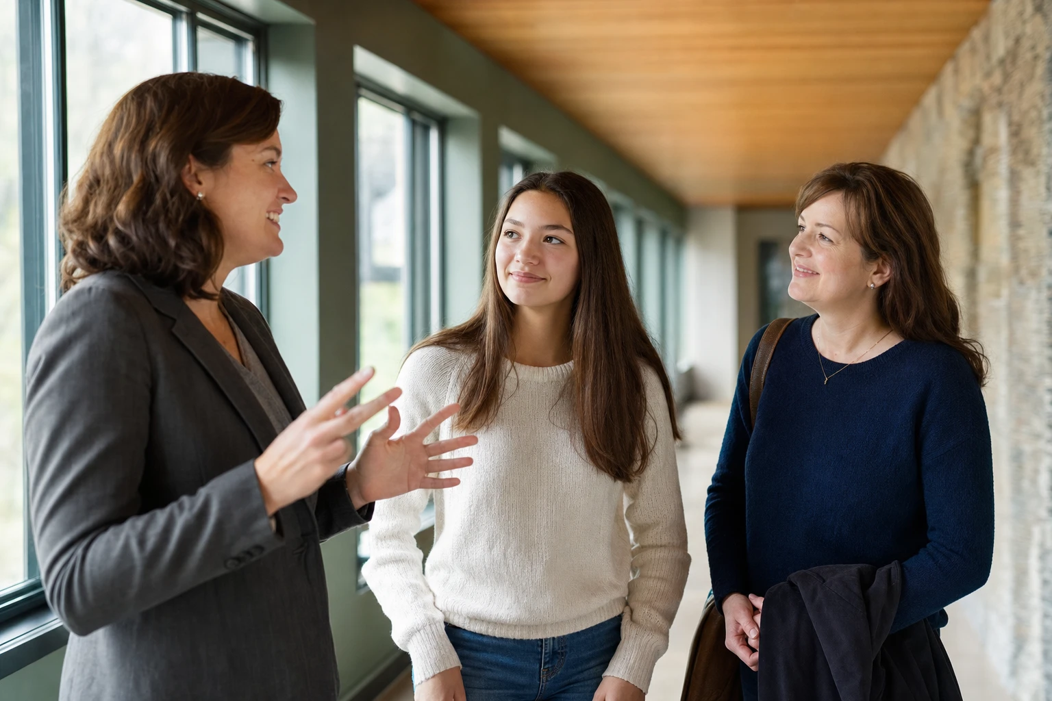 A prospective AVRO family meeting with a staff member during an admissions visit