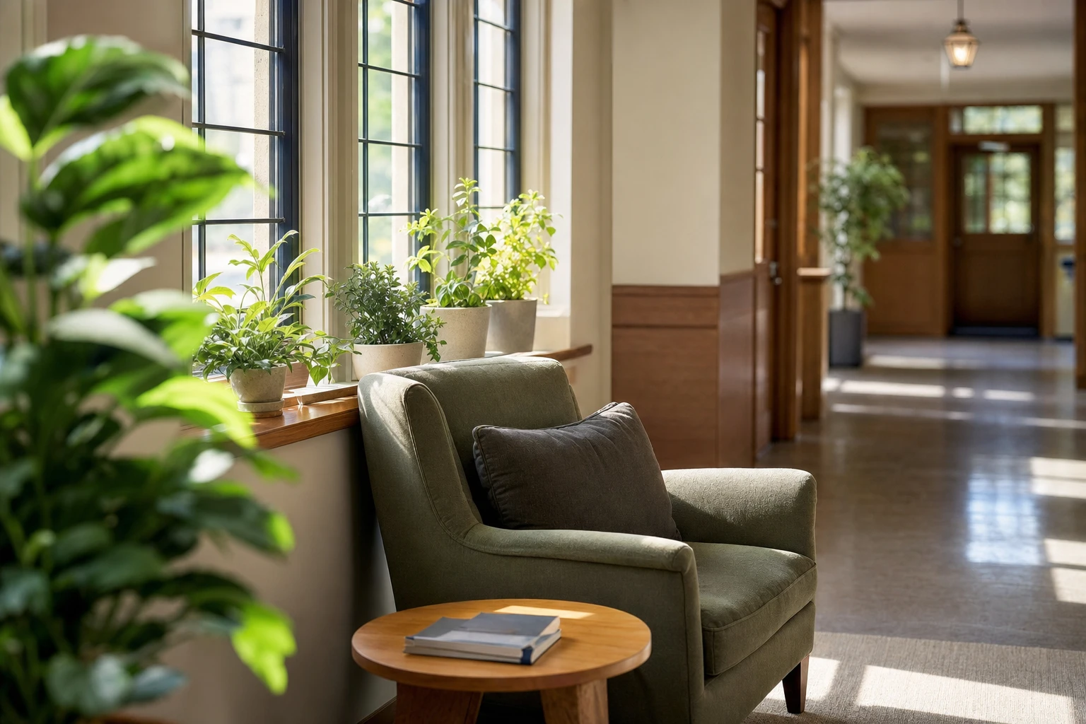 A bright, welcoming empty hallway inside AVRO Academy's midtown Toronto school