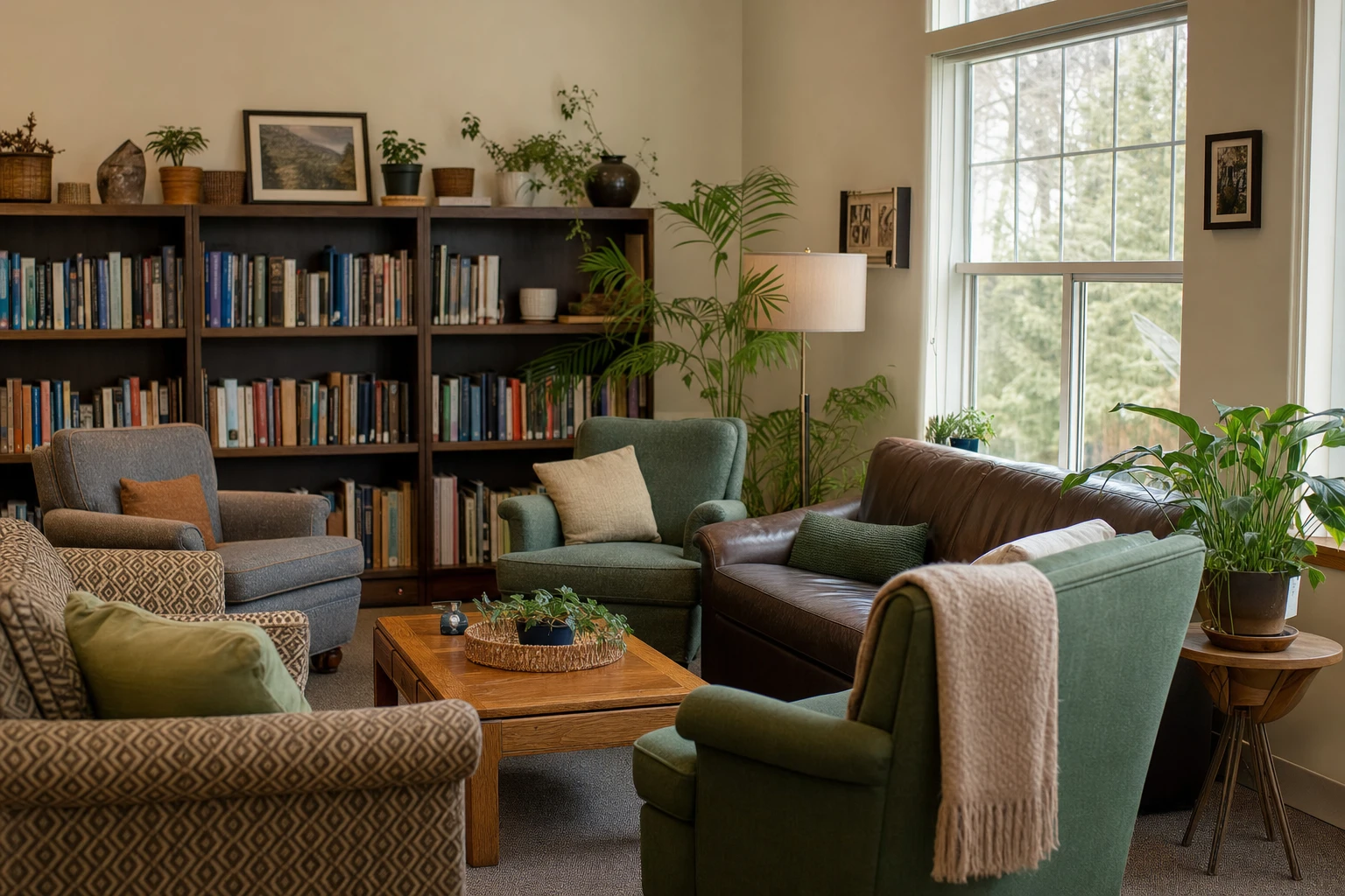 A warm, empty faculty common room at AVRO Academy with soft seating and natural light