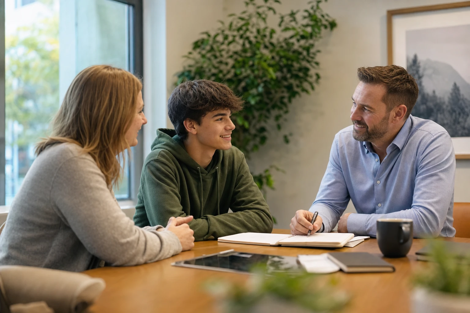 An AVRO Academy family meeting with the registrar to review tuition and fees